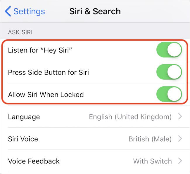 Переключатели функции «Спросить Siri» в настройках iPhone