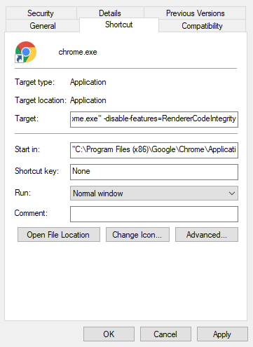 Вкладка ярлыка с полем Цель