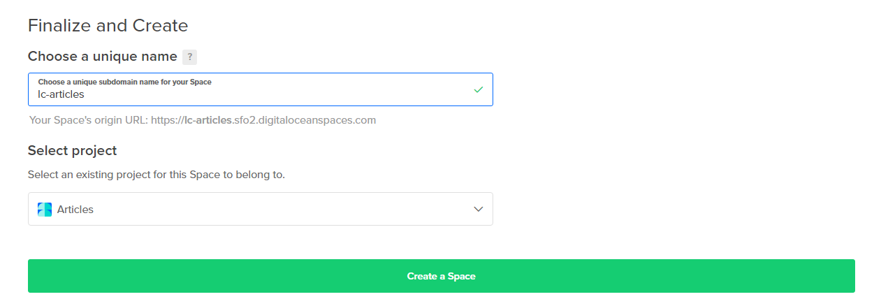 Подтверждение создания Space и пустой контейнер без файлов