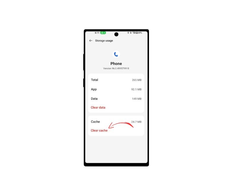 Скриншот очистки кэша приложения «Телефон»