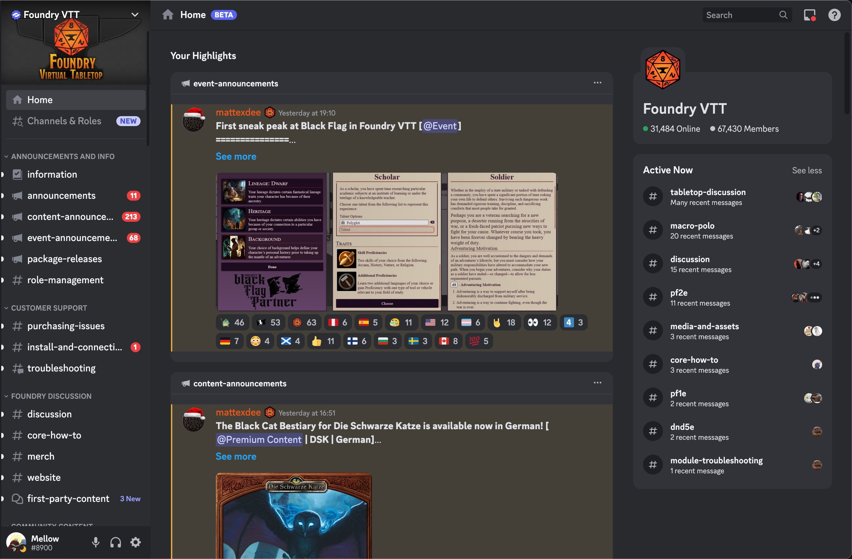 Домашняя страница Discord-канала Foundry VTT с каналами сообщества