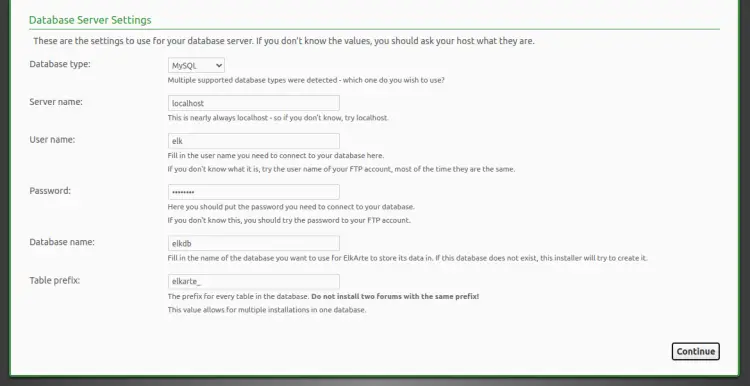 Форма настроек подключения к базе данных в установщике ElkArte