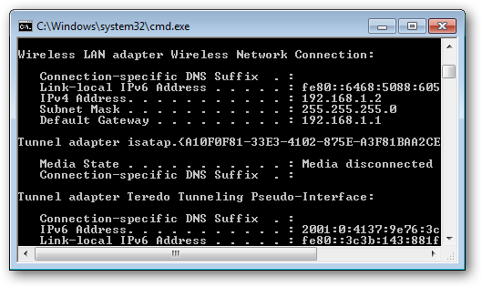 Вывод команды ipconfig с IPv4 адресом