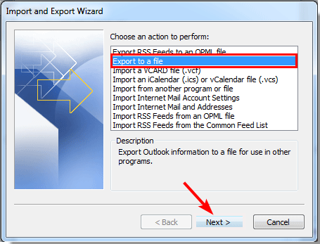 Мастер Импорт и экспорт с выделенной опцией Экспорт в файл