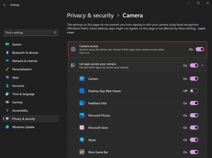 Переключатель доступа к камере в Windows