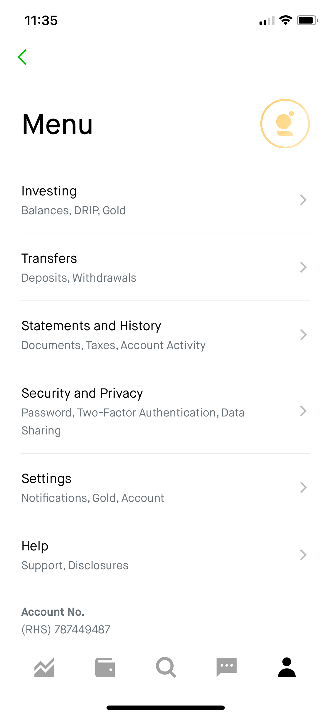 Меню настроек финансов в Robinhood