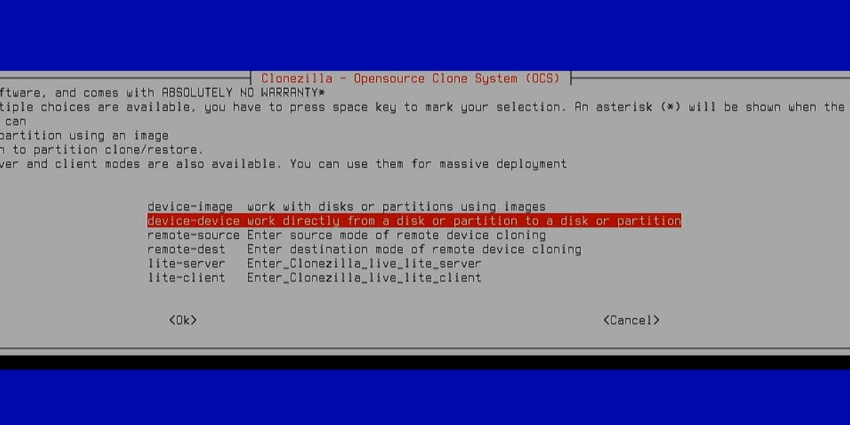 Clonezilla: выбор режима device-device