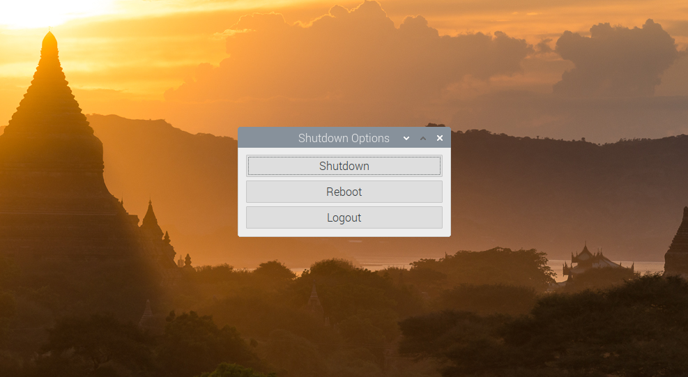 Диалог выключения в графическом интерфейсе Raspberry Pi OS