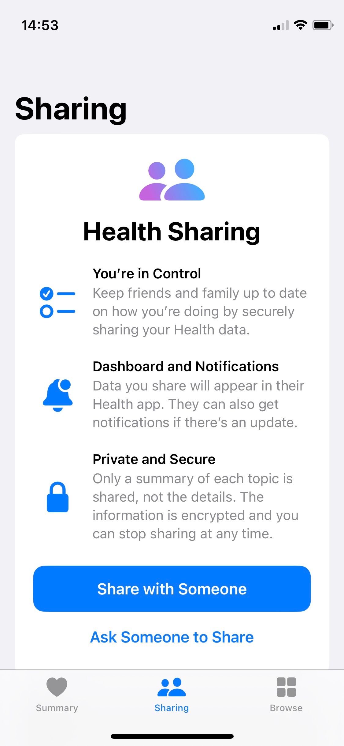 Скриншот экрана обмена данными в Apple Health