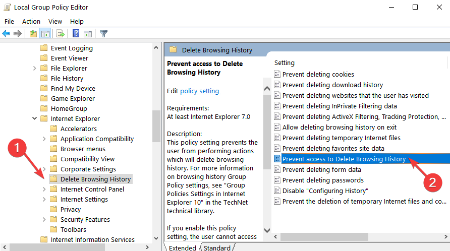 prevent access to delete browsing history