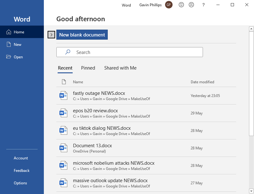 список последних документов в Microsoft Word