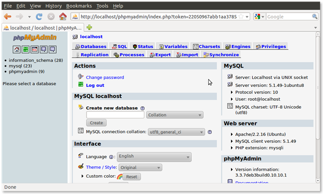 Успешный вход под root в phpMyAdmin