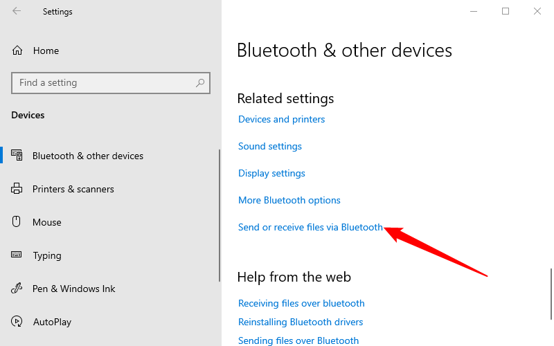 Ссылка для отправки и получения файлов по Bluetooth в Параметрах Windows 10