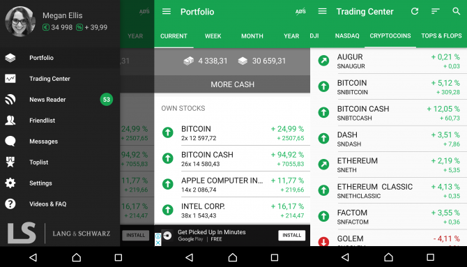 Скриншот Best Brokers: интерфейс с криптовалютами и акциями