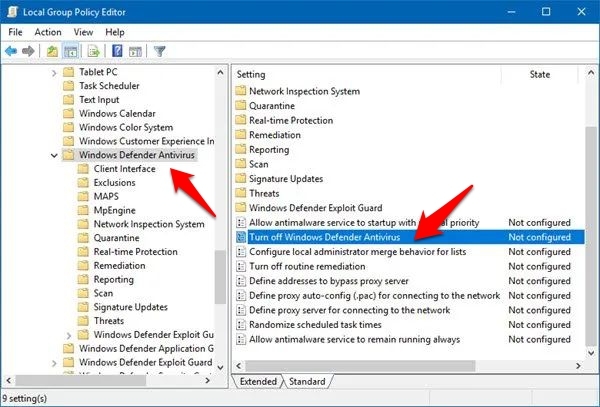 Окно Group Policy Editor с политикой для Windows Defender