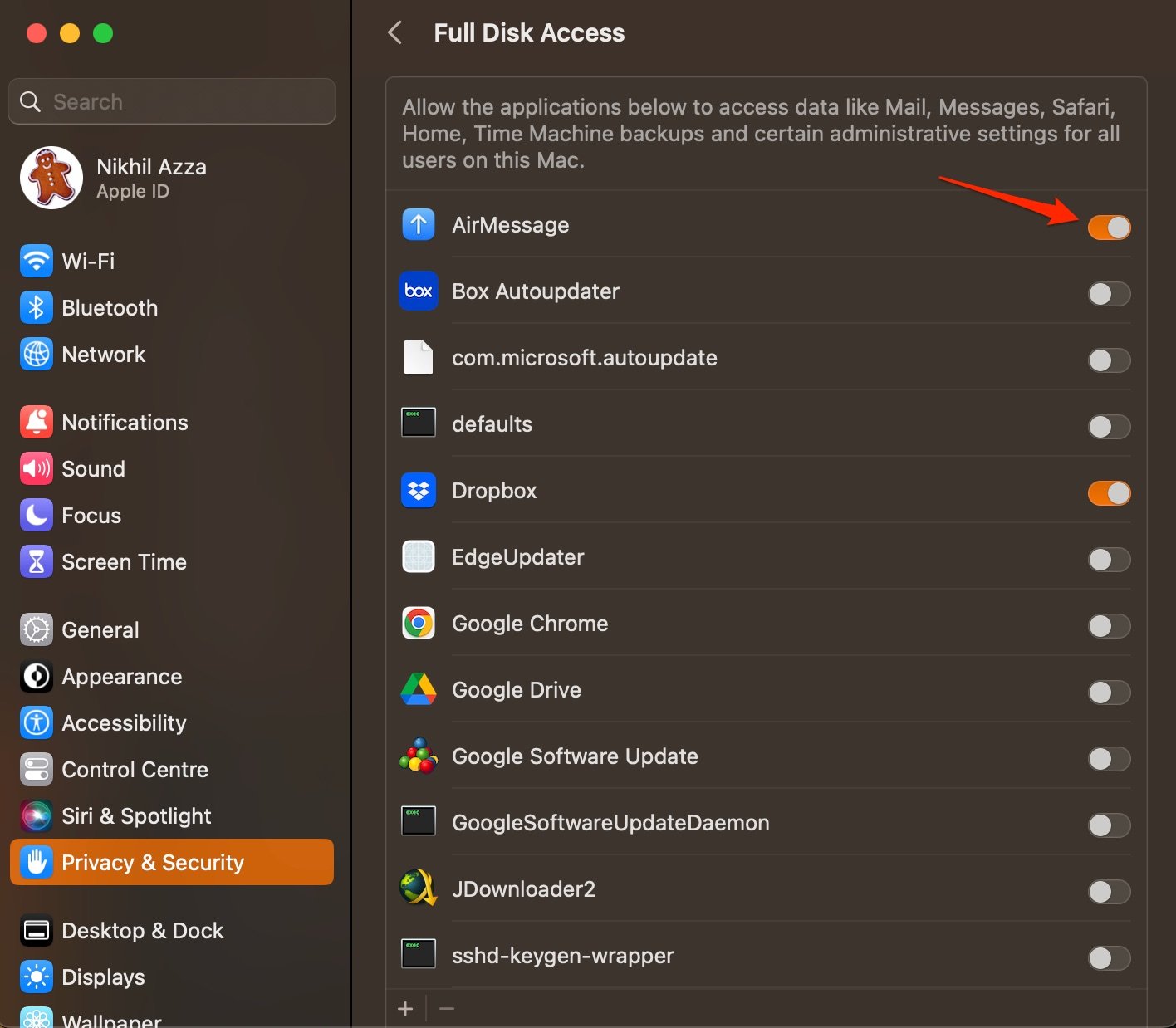 Permisos habilitados para AirMessage