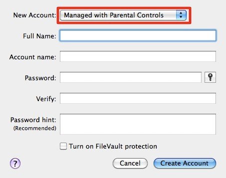 Форма создания новой учётной записи с опцией управления родительским контролем