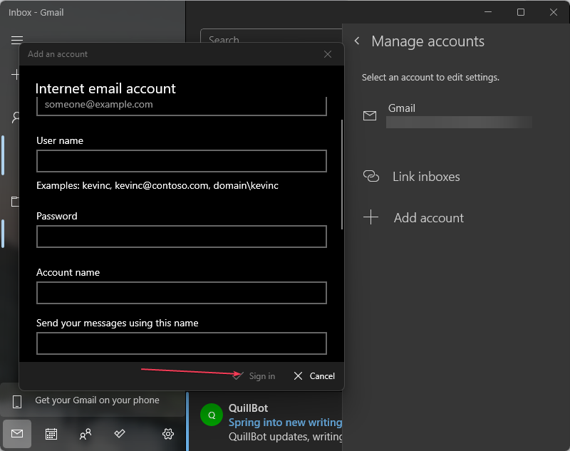 Окно ввода параметров интернет‑почты