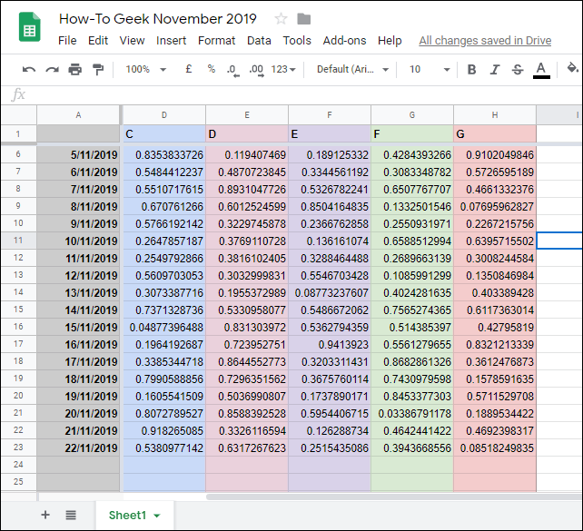 Пример закреплённых столбцов и строк в Google Sheets с выделенной границей