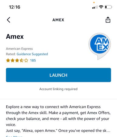 Страница запуска навыка American Express в приложении Alexa