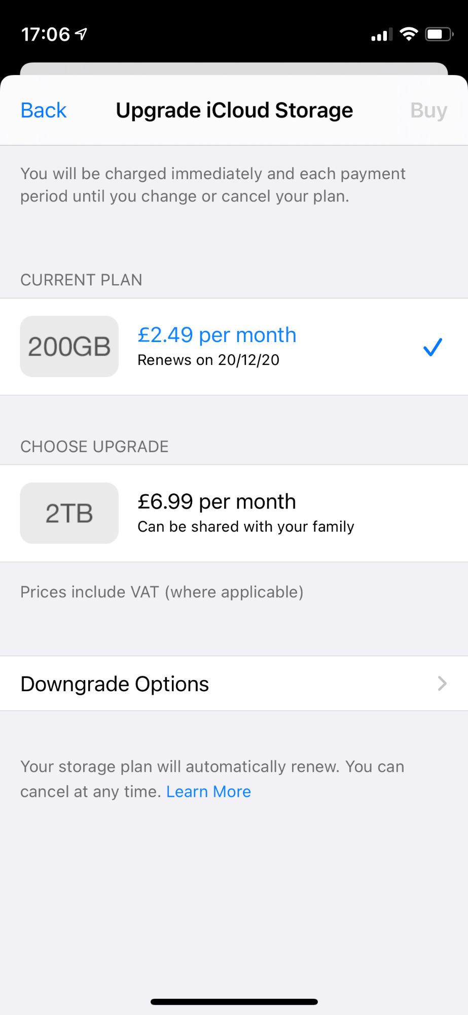 iCloud storage options on iPhone