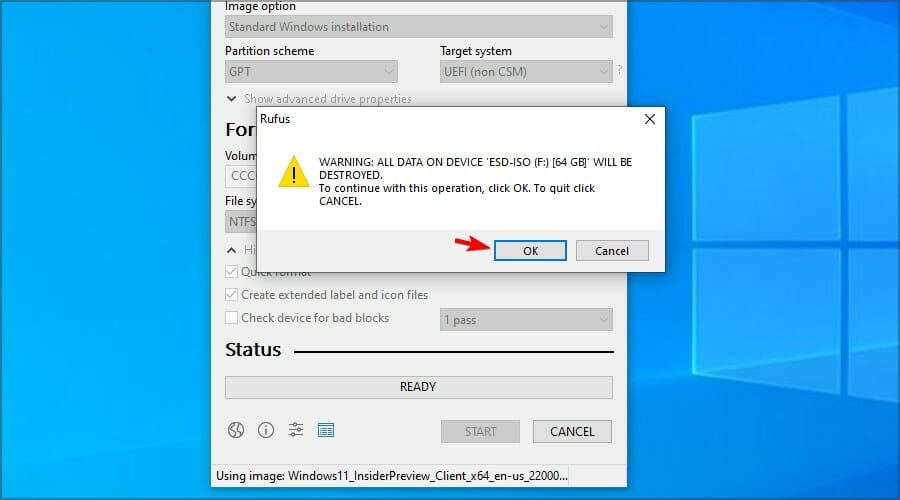Предупреждение о форматировании USB-накопителя в Rufus