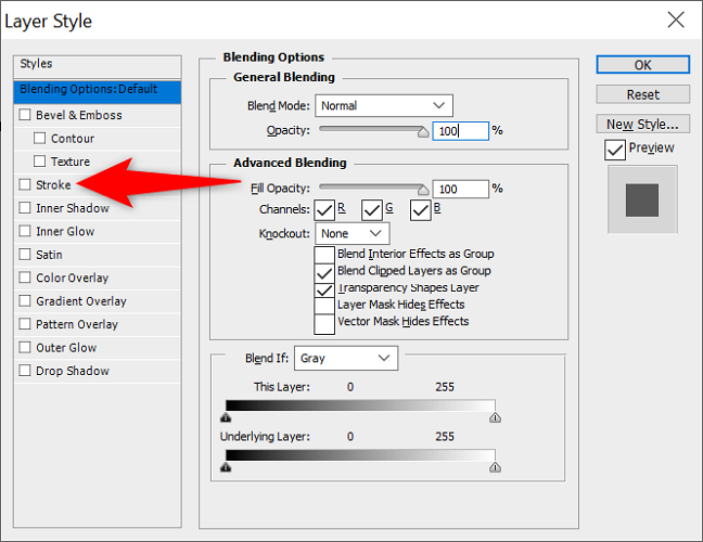 Выбор «Обводка» в списке стилей слоя