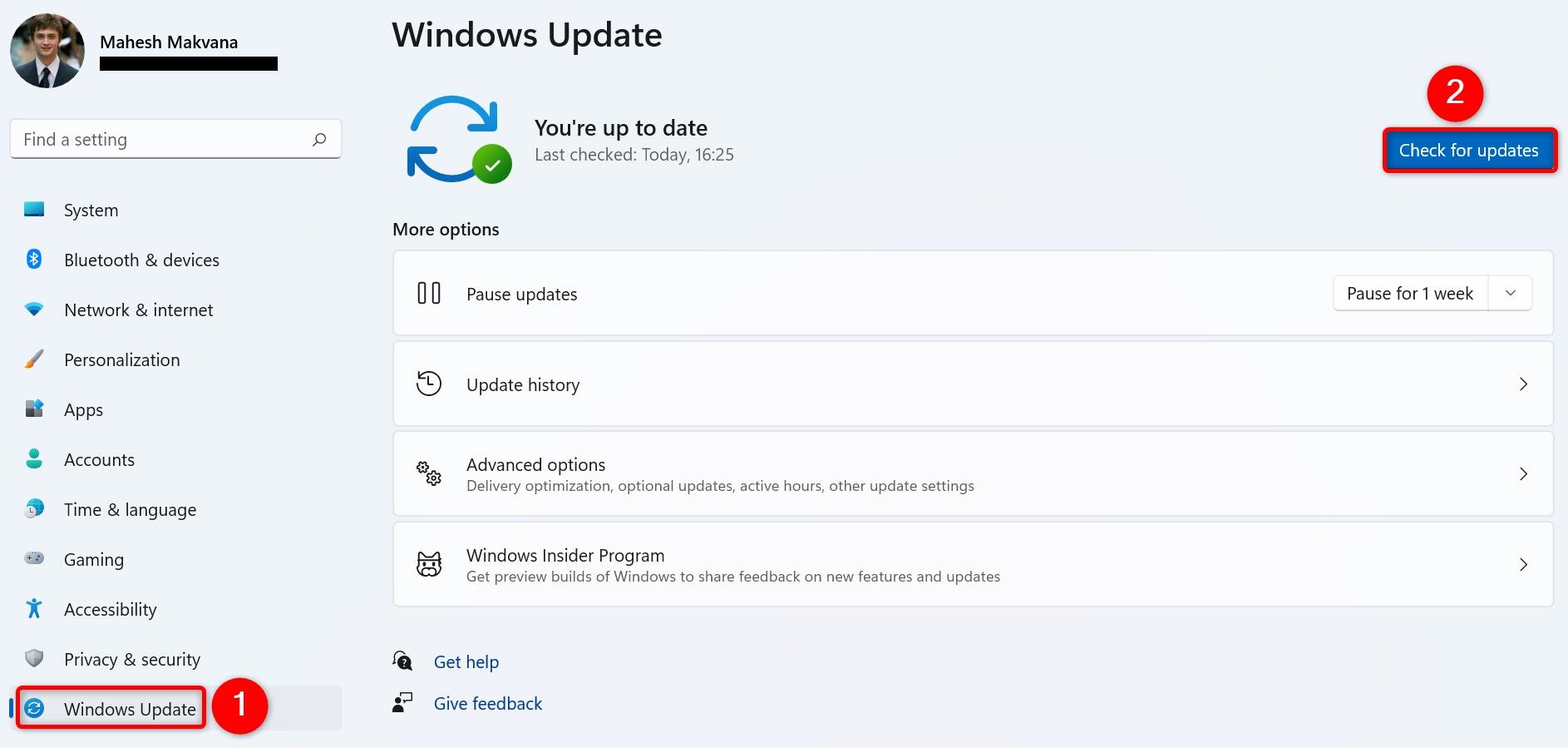 Windows Update и Check for Updates выделены в Settings