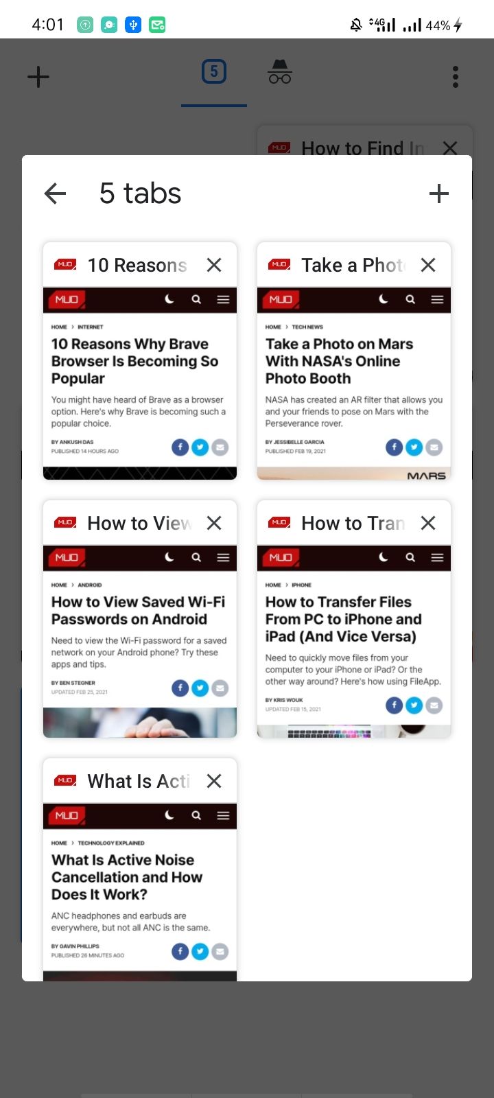 Одна вкладка закрыта из группы вкладок в переключателе Chrome