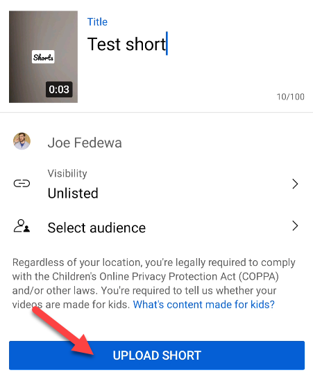 Заполните данные и загрузите Short.