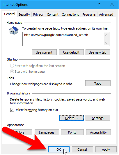 Закрытие окна параметров Интернета в IE