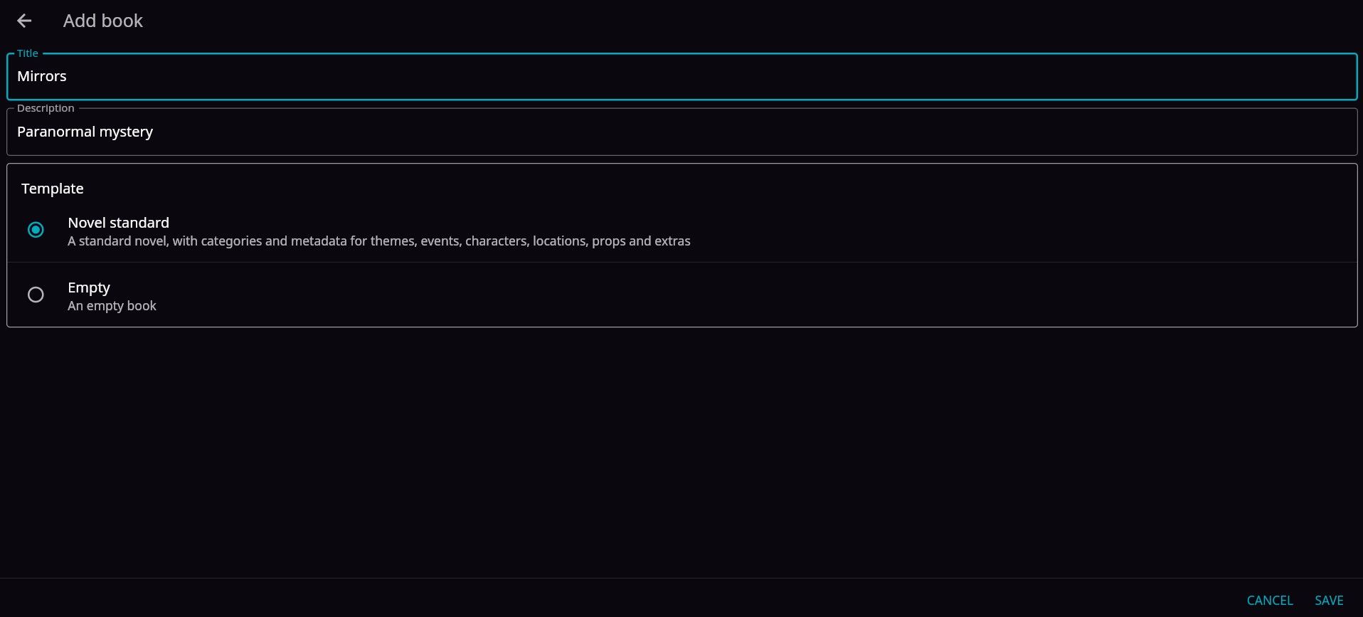 Форма добавления книги в веб-версии Novelist