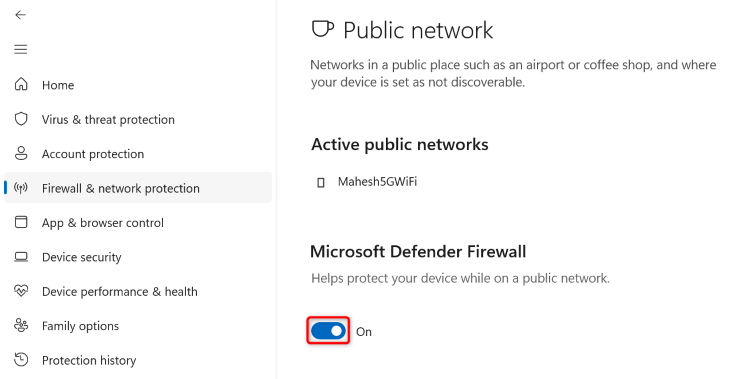 Отключение брандмауэра Microsoft Defender в настройках безопасности Windows