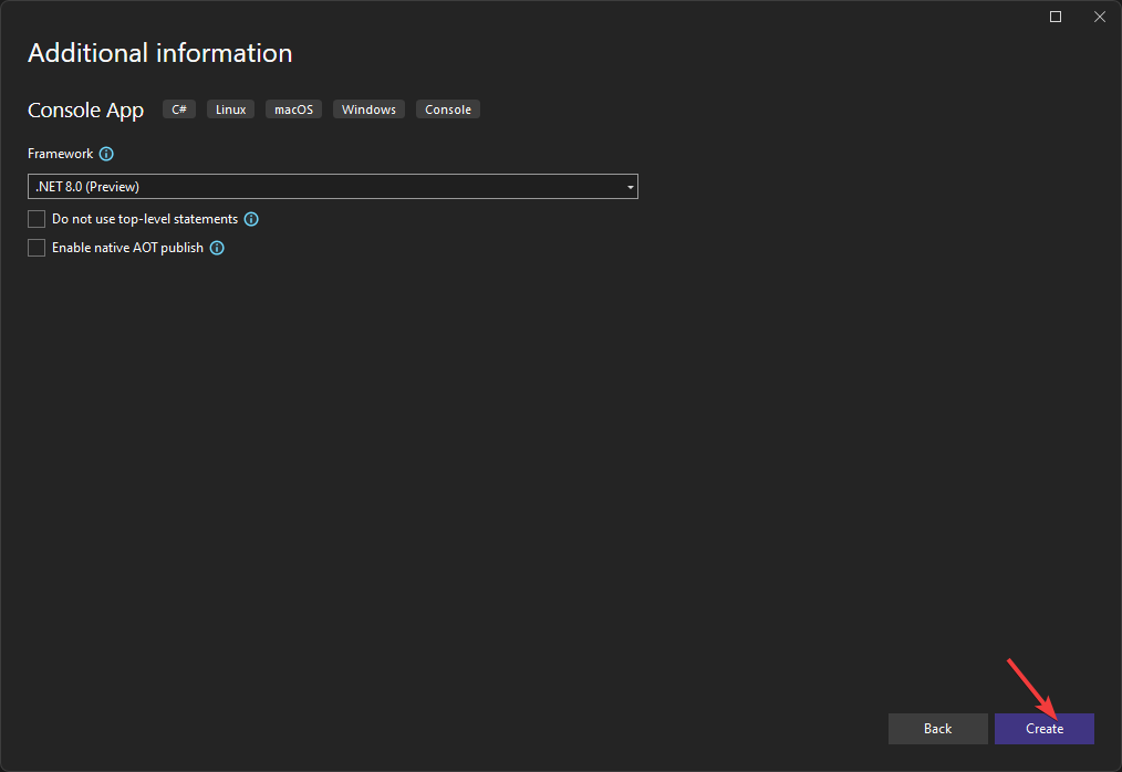 Кнопка Создать в Visual Studio