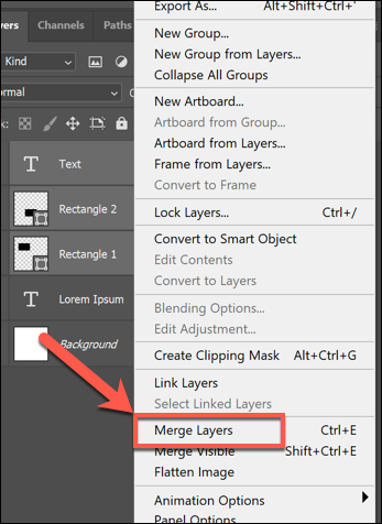 В меню панели Слои выберите Merge Layers или Merge Shapes