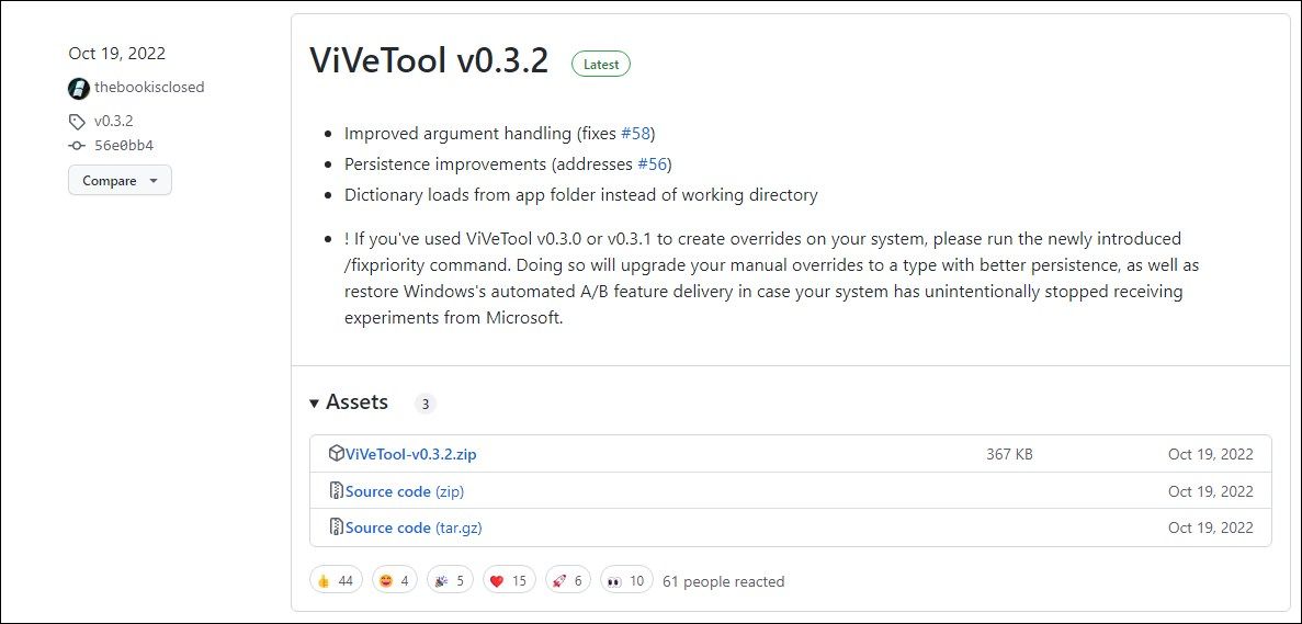 Релизы ViVeTool на GitHub: список версий
