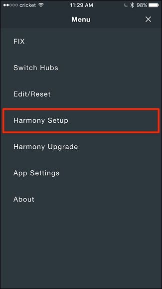 Меню Harmony Setup в приложении