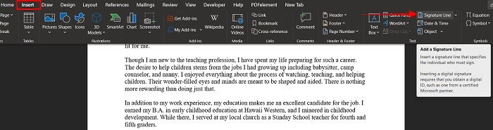 Вставка строки подписи в Word