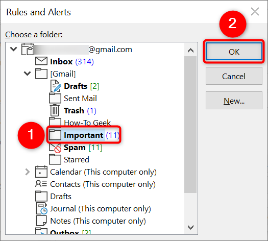 Выбор папки для перемещения писем и кнопка ОК.
