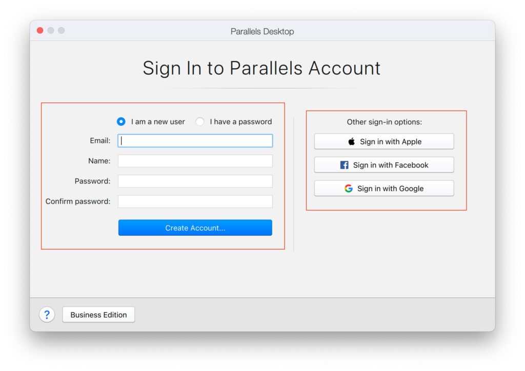 Окно входа в Parallels Account