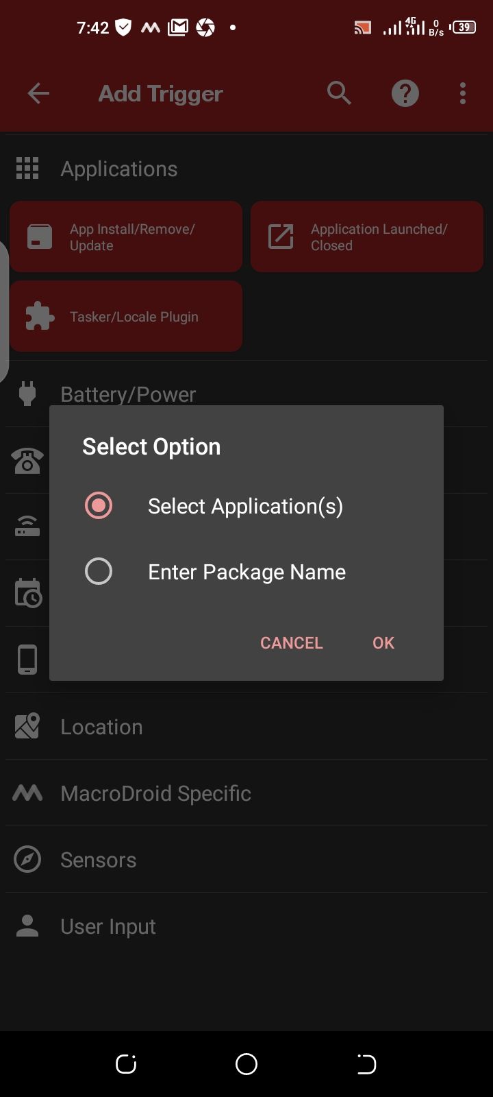Экран выбора приложений в MacroDroid