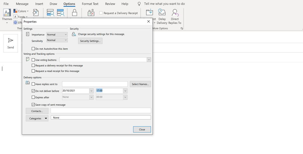 Скриншот окна отложенной отправки в Outlook