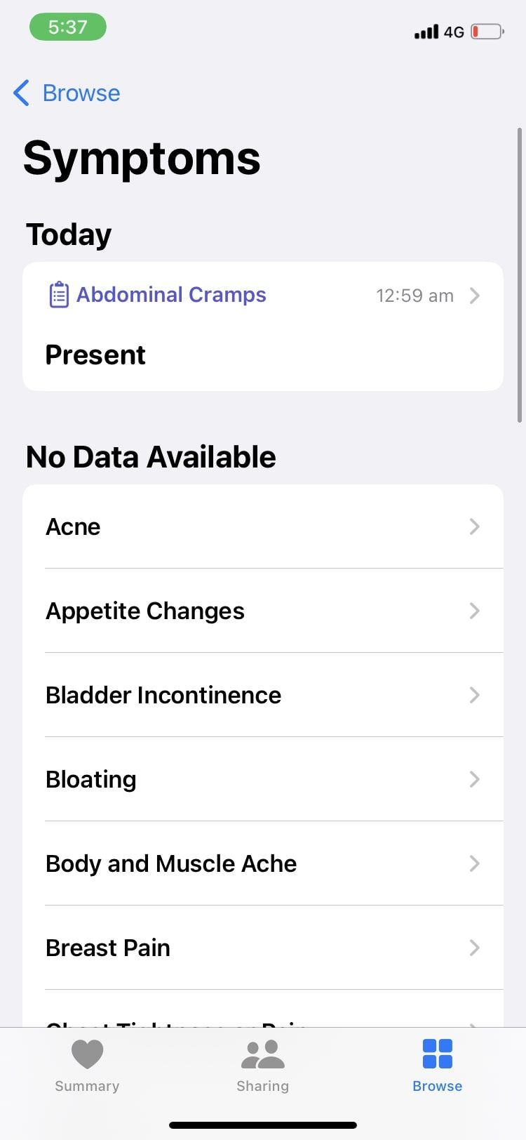 Список симптомов и категорий в Apple Health