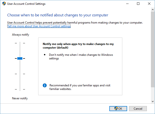 Параметры контроля учётных записей Windows