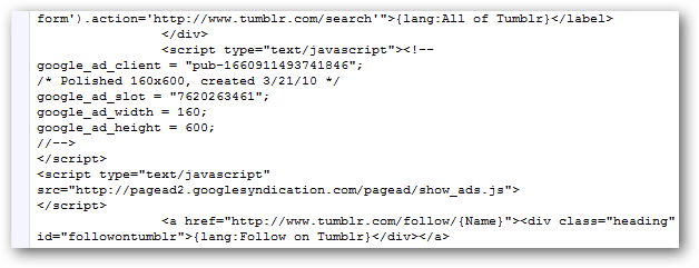Пример вставки кода перед блоком Follow on Tumblr