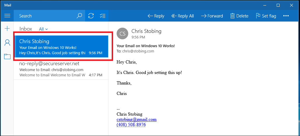Тестовое письмо в веб‑интерфейсе Gmail для проверки приема
