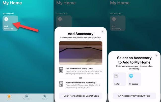 Добавление устройства в приложении Apple Home.