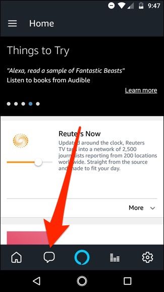 Экран: вкладка «Разговоры» в приложении Alexa