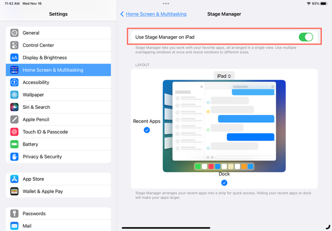Toggle to turn on Stage Manager in Settings