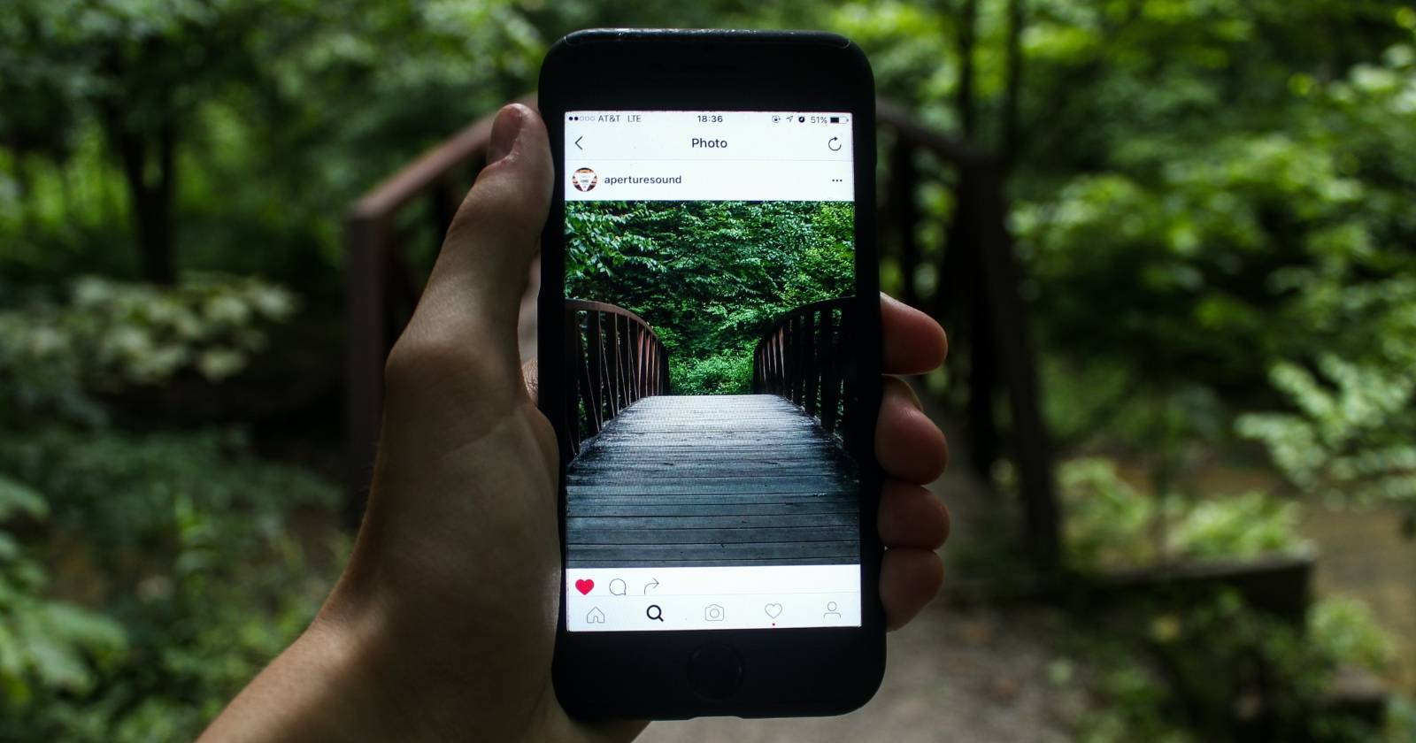 Instagram showing a bridge in a forest on an iPhone